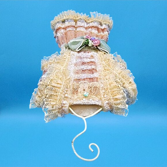 Victorian Dress Ornament on Hanger • Pink Lace Glitter Holiday Decoration • Vint - Picture 7 of 9